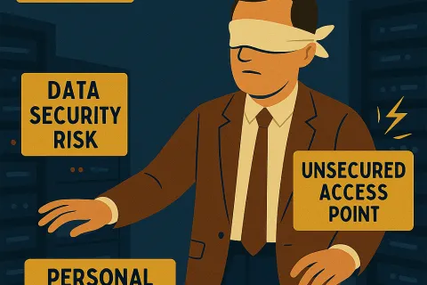 Blindfolded man in suit represents data security risks with unsecured access points and exposed personal data warnings.