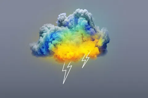 Colorful cloud with vibrant hues and two white lightning bolts against a gray background.