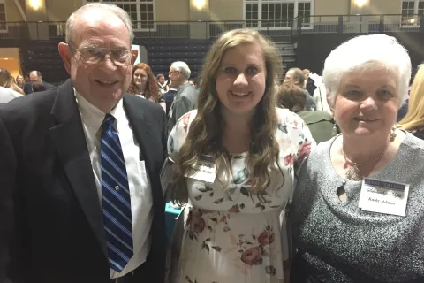 Frank Adams (54H, 58C) and wife Kathryn pose with Berry student at Scholarship Night