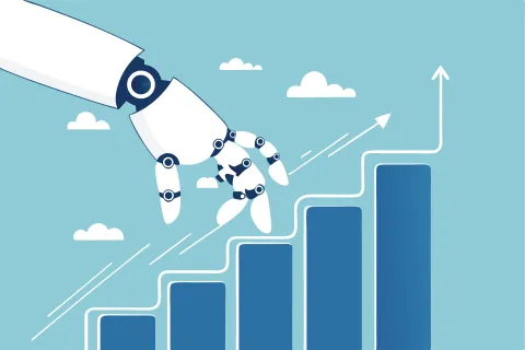 Robot hand pointing to ascending bar chart with upward arrow symbolizing AI growth and progress.