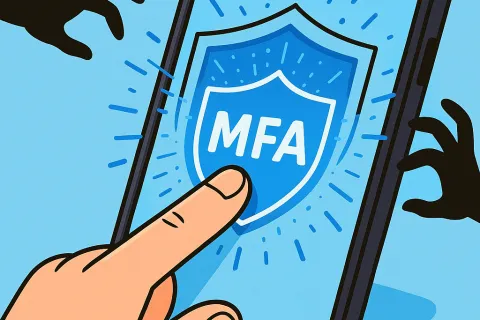 Finger activating MFA security shield on smartphone while shadow hands try to reach device