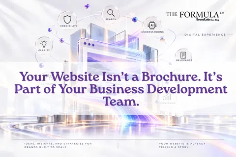 Digital business development concept with a glowing browser window and interconnected icons for clarity, trust, and search.