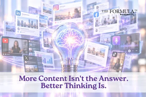 Lightbulb with glowing brain inside surrounded by social media content screens, with overlaid text reading More Content Isn't the Answer. Better Thinking Is.
