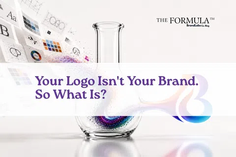 Beaker with colorful swirling elements and brand design icons illustrating the concept your logo isn't your brand.