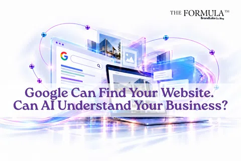 Digital devices and search engine graphics with text about AI understanding business websites, highlighting technology and connectivity.