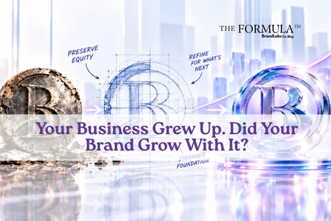 Three stages of a R logo evolving from cracked stone to polished glass with overlaid text reading Your Business Grew Up.