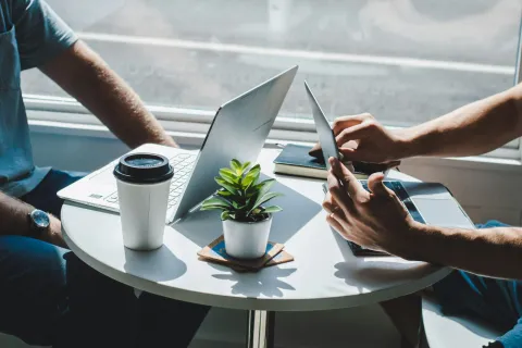 Two people working at a round table with laptops, a coffee cup, a small plant, and a tablet in natural light.