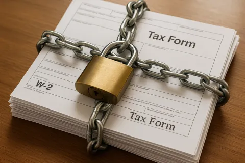 Stack of tax forms secured with metal chain and padlock on wooden surface symbolizing financial security.