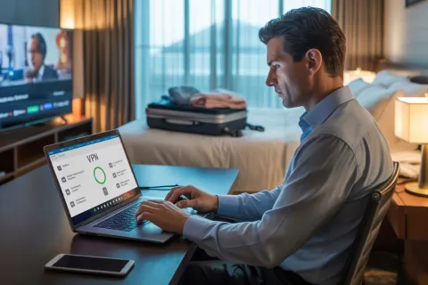 Man working on laptop with VPN interface in hotel room, TV and suitcase in background, evening setting.