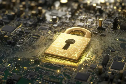Golden padlock glowing on a digital circuit board representing cybersecurity and data protection concept.