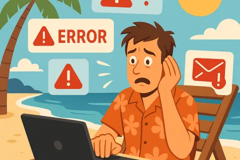 Stressed man in a Hawaiian shirt working on a laptop at the beach with multiple error alerts and messages.