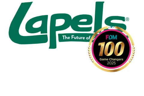 Lapels logo with tagline The Future of and FDM 100 Game Changers 2025 award badge with gold and black design
