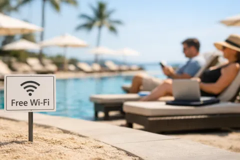 Free Wi-Fi sign on sandy poolside with people relaxing on lounge chairs and palm trees in the background