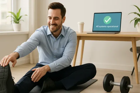 Smiling man stretches on yoga mat with dumbbell nearby and laptop showing all systems operational message