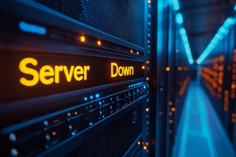 Close-up of server hardware with illuminated 'Server Down' warning lights in a data center corridor.