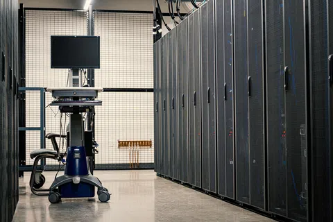 Row of server racks with a mobile workstation computer in a secure data center room.