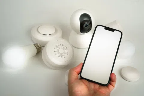 Hand holding smartphone with blank screen next to smart home devices including light bulb, camera, and sensors
