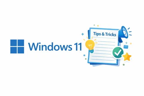 Windows 11 logo with a tips and tricks list, light bulb, megaphone, check mark, and star icons on white background