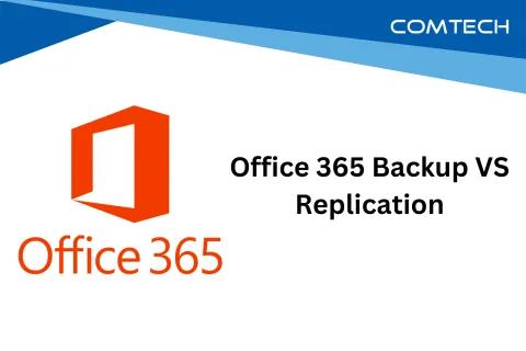 Office 365 logo with text comparing Office 365 Backup versus Replication on a white and blue background