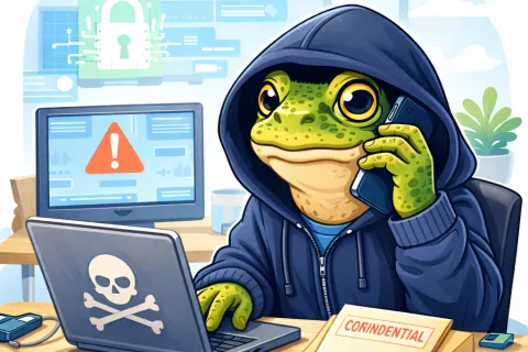Cartoon frog hacker in hoodie using laptop with skull symbol, holding phone, next to confidential files in office.