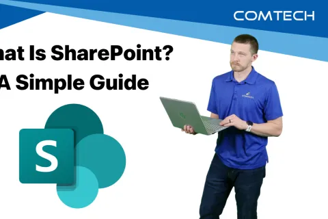 Man in blue Comtech shirt holding laptop with SharePoint logo and guide title on white background