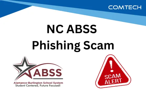 NC ABSS phishing scam warning with school system logo and red scam alert triangle on white background