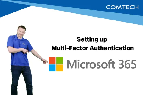 A man promoting Microsoft 365 multi-factor authentication setup with a pointing gesture.