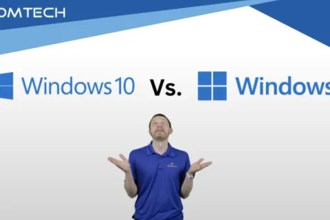 Comparison of Windows 10 versus Windows, with a presenter showcasing differences.