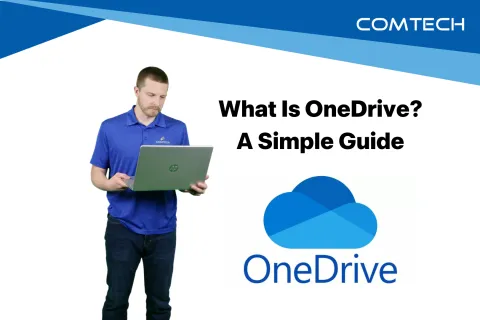 Man in blue shirt holding laptop next to text and the OneDrive logo explaining what OneDrive is.