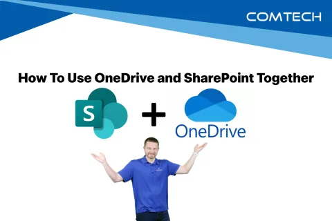 Man in blue shirt explaining how to use OneDrive and SharePoint together with their logos and plus sign.