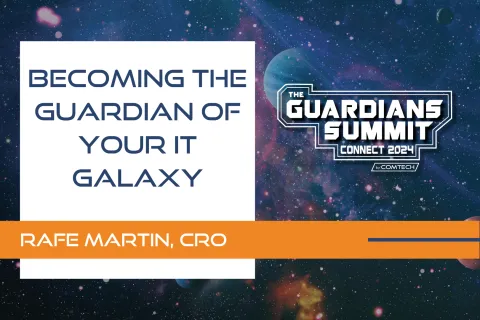 Guardians Summit 2024 event slide titled Becoming the Guardian of Your IT Galaxy by Rafe Martin, CRO with galaxy background.