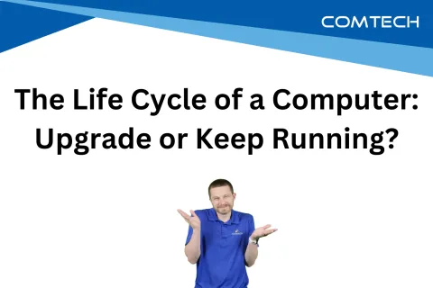 A man in a blue shirt shrugs under text about deciding to upgrade or keep running a computer.