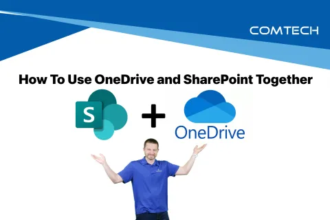 Man in blue shirt presents SharePoint and OneDrive logos with text on using them together, COMTECH branding.