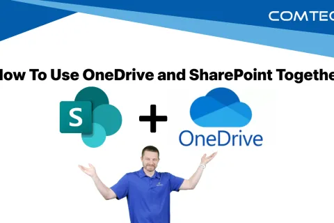 Man in blue shirt presenting SharePoint and OneDrive logos with text How To Use OneDrive and SharePoint Together.