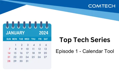 January 2024 calendar with dates and a blue header beside Top Tech Series Episode 1 Calendar Tool text