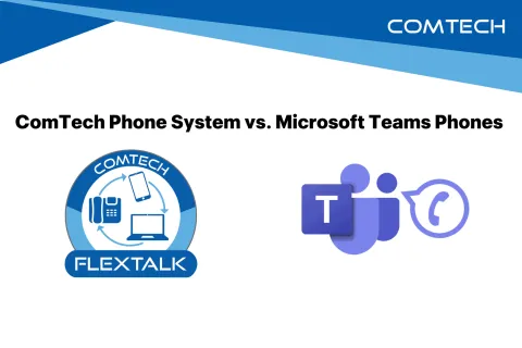 Comparison of ComTech FlexTalk phone system and Microsoft Teams Phones logos side by side.