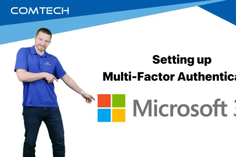 A man promoting Microsoft 365 multi-factor authentication setup with a pointing gesture.