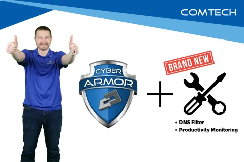 A man giving thumbs up with Cyber Armor logo and new features like DNS Filter and Productivity Monitoring.