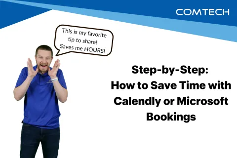 Man in blue shirt sharing a favorite tip to save hours using Calendly or Microsoft Bookings step-by-step guide.