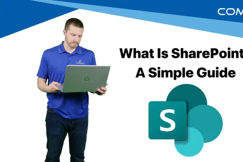 Man in blue shirt holding laptop beside text 'What Is SharePoint? A Simple Guide' with SharePoint logo and Comtech branding.