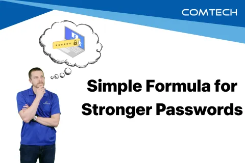Man in blue shirt thinking about secure passwords with lock and laptop graphic beside text about stronger passwords.