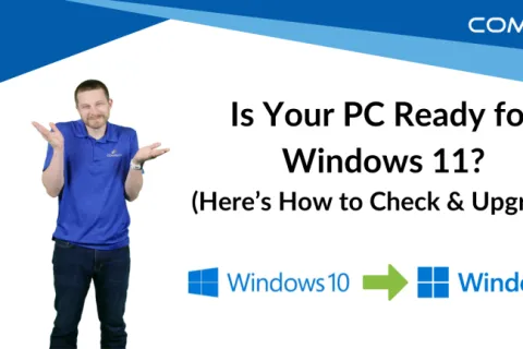 A man gestures while promoting a guide to check and upgrade to Windows 11 from Windows 10.