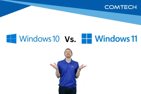 Man in blue shirt with COMTECH logo comparing Windows 10 and Windows 11 logos and text side by side
