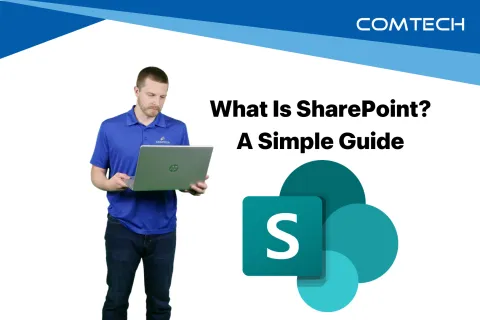 Man in blue shirt holding laptop with text What Is SharePoint? A Simple Guide and SharePoint logo