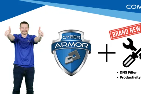 Man showcasing Cyber Armor logo with tools and new features like DNS Filter and Productivity Monitoring.