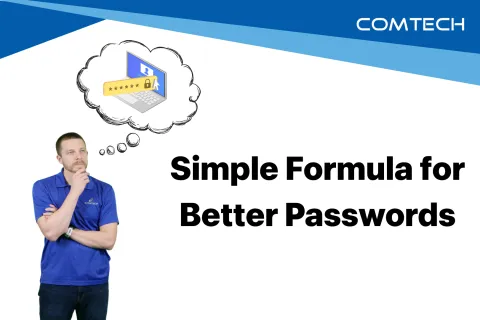 Man in blue shirt thinking about secure password on laptop with Simple Formula for Better Passwords text.