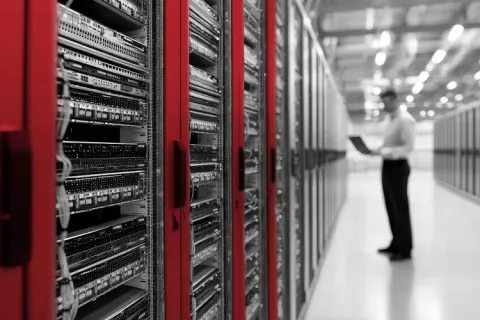 Data center with rows of red server racks and a technician working on a laptop in the background