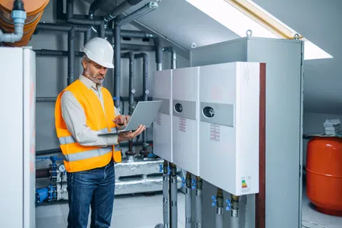 Engineer in safety gear inspecting heating system boilers using laptop in a mechanical room with pipes and valves.