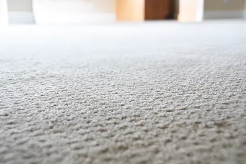 Close-up of a beige carpet texture with soft lighting in a room interior featuring wooden elements.
