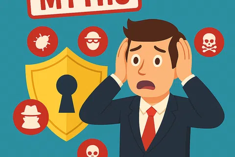 Worried man in suit with security shield and malware icons labeled MYTHS surrounding him on blue background.